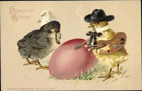 Litho Glückwunsch Ostern, Vermenschlichte Küken, Osterei, Maler, Pfeife