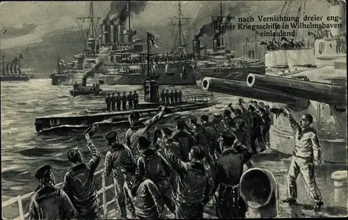 Künstler Ak Deutsches U Boot, U 9 nach Vernichtung dreiern engl. Kriegsschiffe in Wilhelmshaven