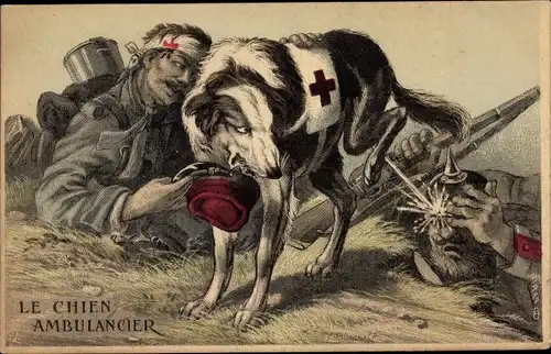 Künstler Ak Le Chien Ambulancier, Rotes Kreuiz, Sanitätshund pinkelt auf deutschen Soldaten