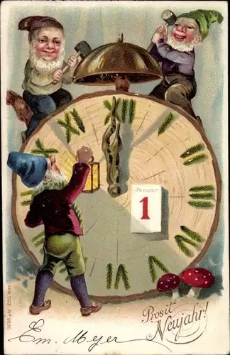 Litho Glückwunsch Neujahr, Zwerge schlagen auf den Gong einer Uhr, Fliegenpilze, Kalender