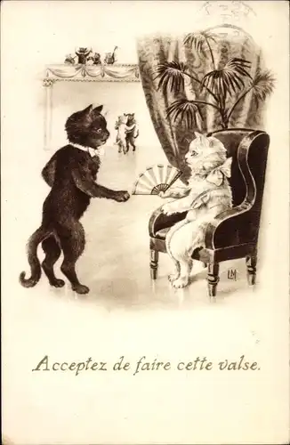 Künstler Ak Acceptez de faire cette valse, vermenschlichte Katzen