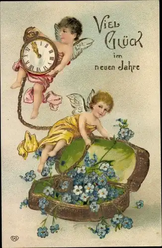 Präge Litho Glückwunsch Neujahr, Engel mit Taschenuhr und Vergissmeinnicht