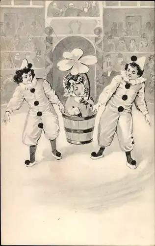 Ak Pierrots tragen Glücksschwein in die Manege, Kleeblatt