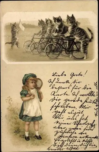 Präge Passepartout Litho Katzenradrennen, Mädchen mit Tennisschläger