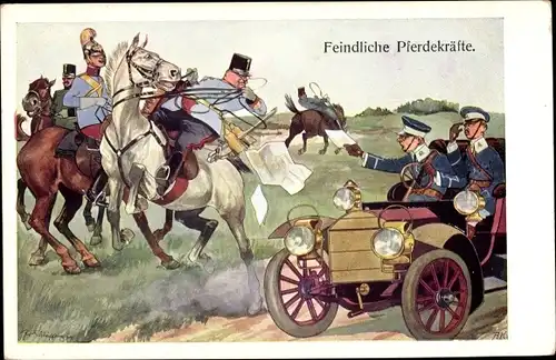 Künstler Ak Schönpflug, Fritz, KuK Soldaten auf Pferden, Automobil