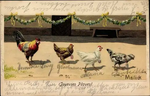 Künstler Litho Mailick, Glückwunsch Ostern, Hühner mit Ostereiern um den Hals