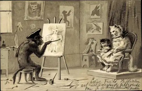 Präge Litho Vermenschlichte Tiere, Schimpanse malt Katzen