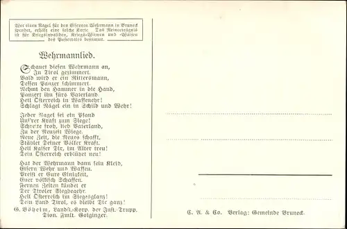 Künstler Ak Bruneck Brunico Südtirol, Wehrmannlied, Kriegswahrzeichen des Pustertals