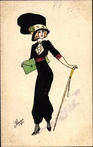 Künstler Ak Frau im Hosenanzug mit Hut