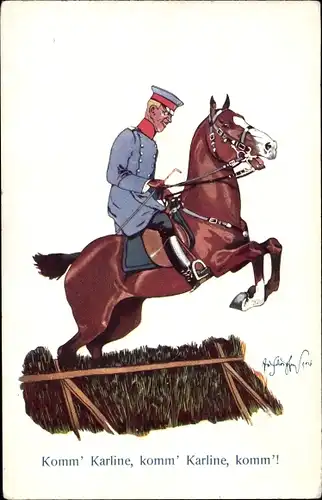 Künstler Ak Schönpflug, Fritz, Komm Karline, Soldat auf einem Pferd springt über ein Hindernis