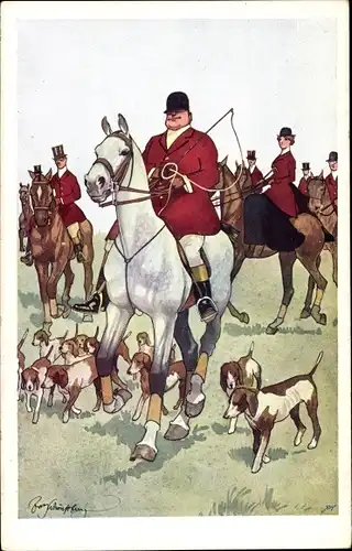 Künstler Ak Schönpflug, Fritz, Jagdgesellschaft, Reiter, Jagdhunde