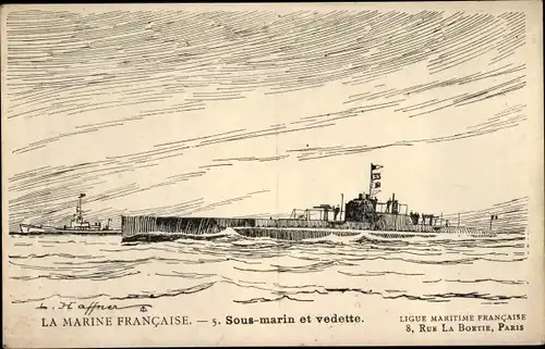 Künstler Ak Haffner, Französisches U Boot, Sous Marin et vedette