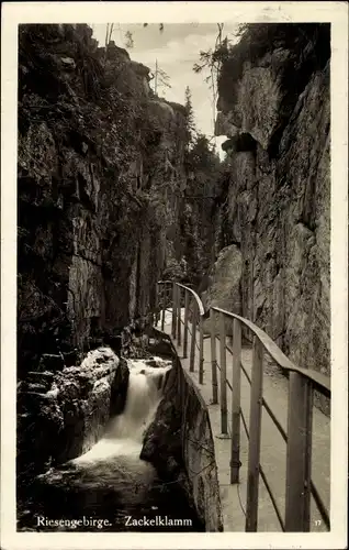 Ak Szklarska Poręba Schreiberhau Riesengebirge Schlesien, Zackelklamm, Zackelfall