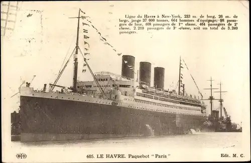 Ak Le Havre, Paquebot Paris, Dampfschiff, CGT, French Line