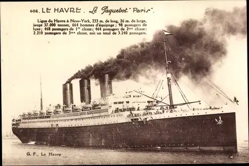 Ak Le Havre, Paquebot Paris, Transatlantique, Dampfschiff, CGT, French Line