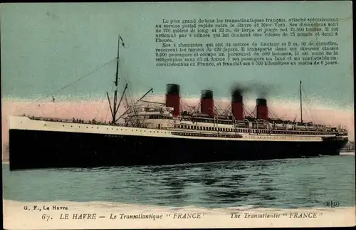 Ak Le Havre, Paquebot France, Dampfer, CGT, French Line, Dampfschiff