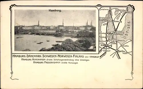 Ak Hamburg, Hamburg Dänemark Schweden Norwegen Finnland Eisenbahnverbindung, Liniennetz