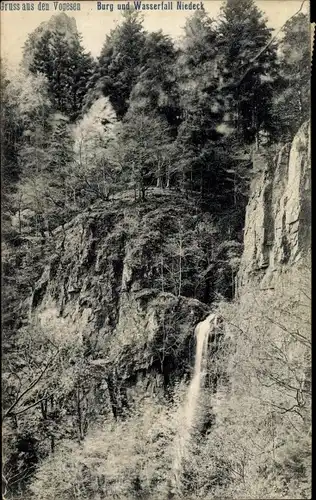 Ak Oberhaslach Elsass Bas Rhin, Burg und Wasserfall Nideck