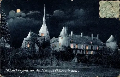 Mondschein Ak Argent Cher, La Chateau, La nuit