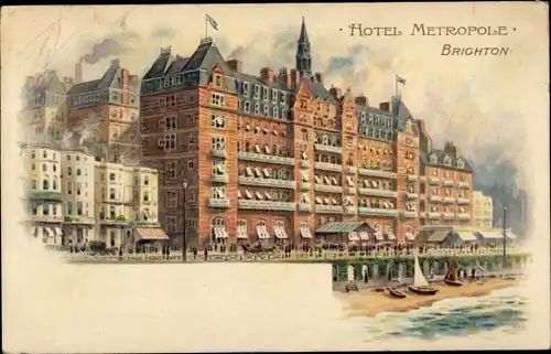 Litho Brighton South East England, Hotel Metropole, beach