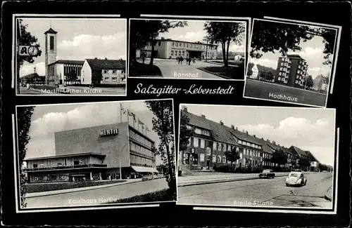 Ak Lebenstedt Salzgitter in Niedersachsen, Martin-Luther-Kirche, Bahnhof, Hochhaus, Hertie