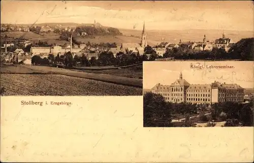 Ak Stollberg im Erzgebirge, Ortsansicht, Königl. Lehrerseminar