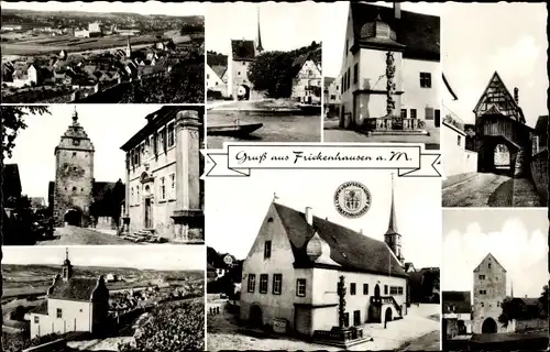 Ak Frickenhausen am Main Unterfranken, Teilansicht, Kirche, Tor, Rathaus