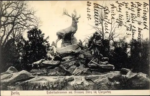 Ak Berlin Tiergarten, Hubertusbrunnen am Großen Stern im Tiergarten, Statue