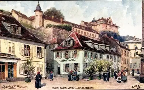 Künstler Ak Flower, Charles, Baden Baden am Schwarzwald, Markt und Neues Schloss, Straßenszene