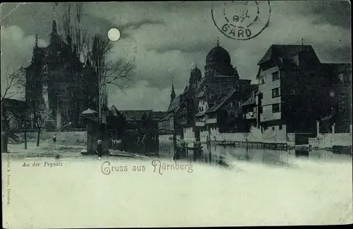 Mondschein Ak Nürnberg in Mittelfranken, An der Pegnitz, bei Nacht