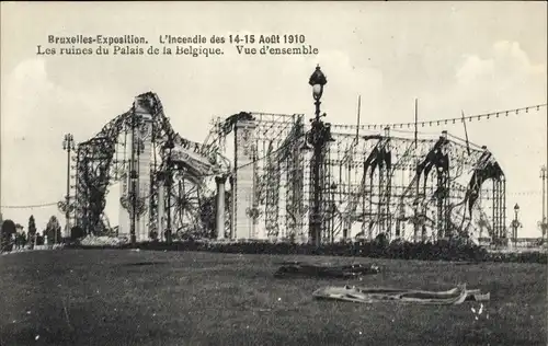 Ak Bruxelles Brüssel, Expo 1910, Incendie, Palais de la Belgique, Vue d'ensemble