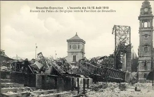 Ak Bruxelles Brüssel, Expo 1910, Incendie, Les Ruines du Palais de la Belgique