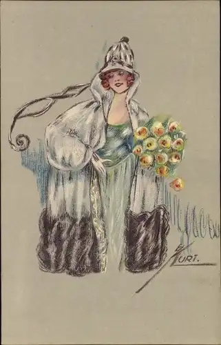 Künstler Ak Kurt, E., Portrait einer Frau im Mantel mit Blumenstrauß