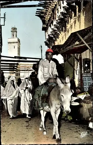 Ak Fès Fez Marokko, La Mosquee et les Timbres de Bou Hanania, Marokkaner auf einem Esel