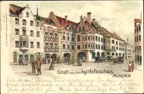 Litho München, Gruss aus dem Hofbräuhaus, Passanten, Kutsche
