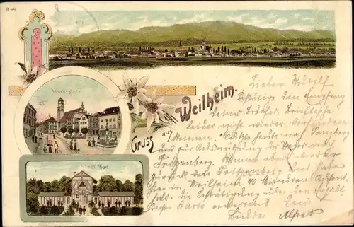 Litho Weilheim im Schongau Oberbayern, Marktplatz, Städt. Bad