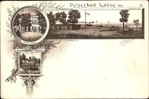 Litho Ostseebad Laboe, Hotel, Strandpavillon, Badezellen, Landungsbrücke