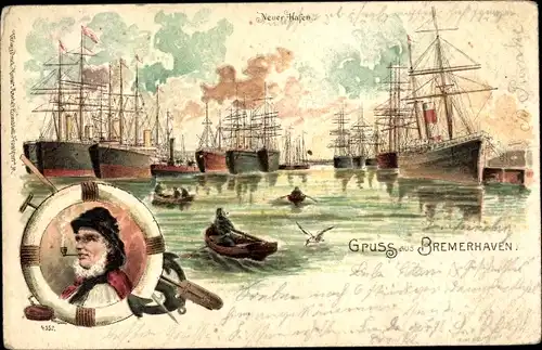 Litho Bremerhaven, Neuer Hafen, Segelschiffe, Fischer