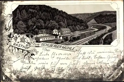Litho Gehlberg Thüringen, Gasthof zur Gehlberger Mühle v. E. Möller, Bahnstrecke, Dampflokomotive