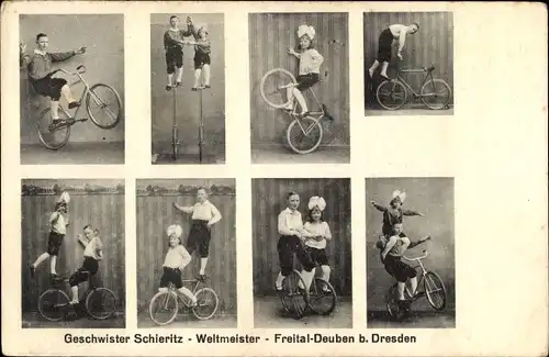 Ak Deuben Freital in Sachsen, Geschwister Schieritz, Weltmeister, Fahrradartistik