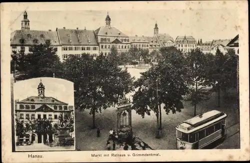 Ak Hanau am Main, Markt mit Rathaus u. Grimmdenkmal, Straßenbahn
