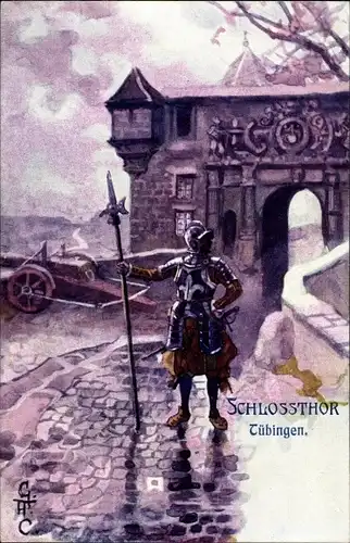 Künstler Ak Tübingen am Neckar Baden Württemberg, Schlosstor, Stadtwache mit Hellebarde