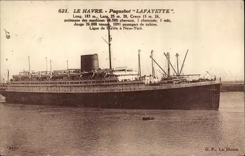 Ak Le Havre, Paquebot Lafayette, CGT French Line, Transatlantique, Dampfschiff