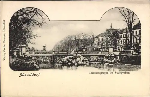 Ak Düsseldorf am Rhein, Tritonengruppe im Stadtgraben, Brücke