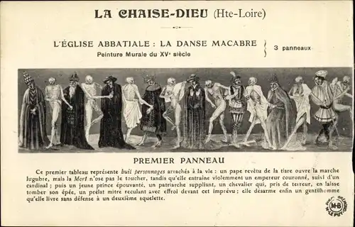Ak La Chaise Dieu Haute Loire, L'Église Abbatiale, la danse macabre, Premier Panneau