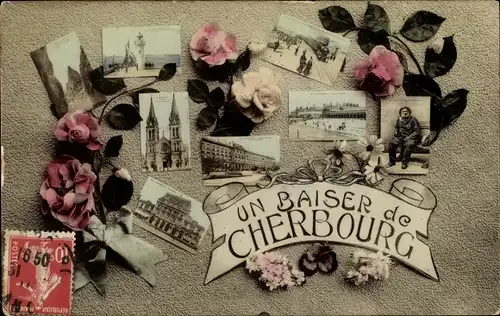 Passepartout Ak Cherbourg Manche, Kathedrale, Leuchtturm, Gebäude, Rosen