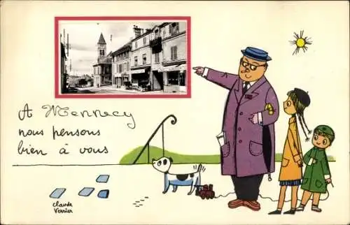 Künstler Ak Verrier, Claude, Mennecy Essonne, Straßenpartie, Mann mit Kindern, Hund