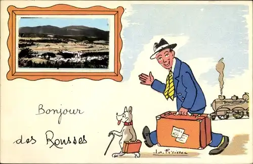 Künstler Ak Morez de Jura, Gesamtansicht, Mann mit Koffer und Hund, Lok