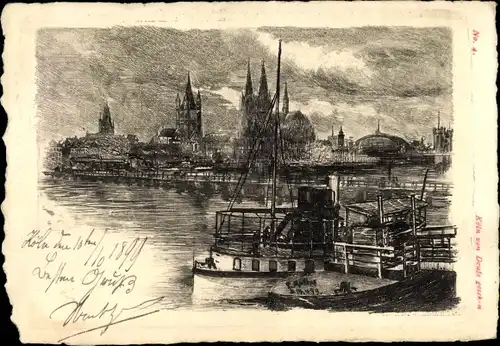 Künstler Ak Köln am Rhein, Rheinpanorama, Dom, Dampfer