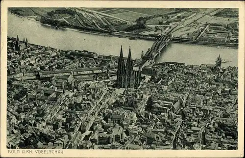 Ak Köln am Rhein, Panorama, Vogelschau, Dom, Hauptbahnhof, Brücke